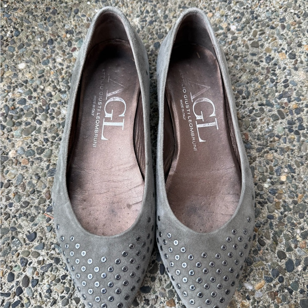 AGL Taupe Suede Studded Pointed-Toe Flats